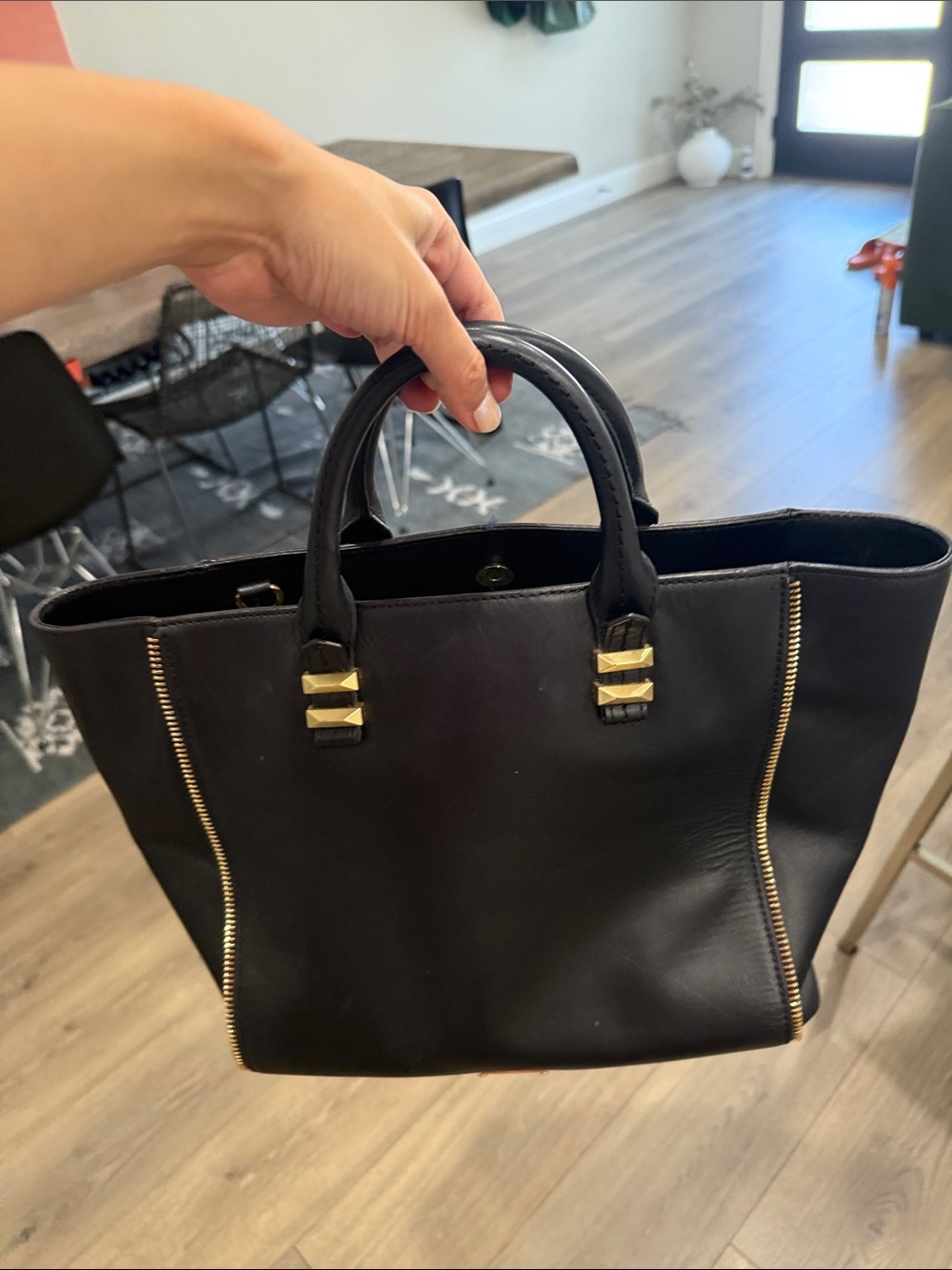 Black Leather Top-Handle Tote with Gold Accents
